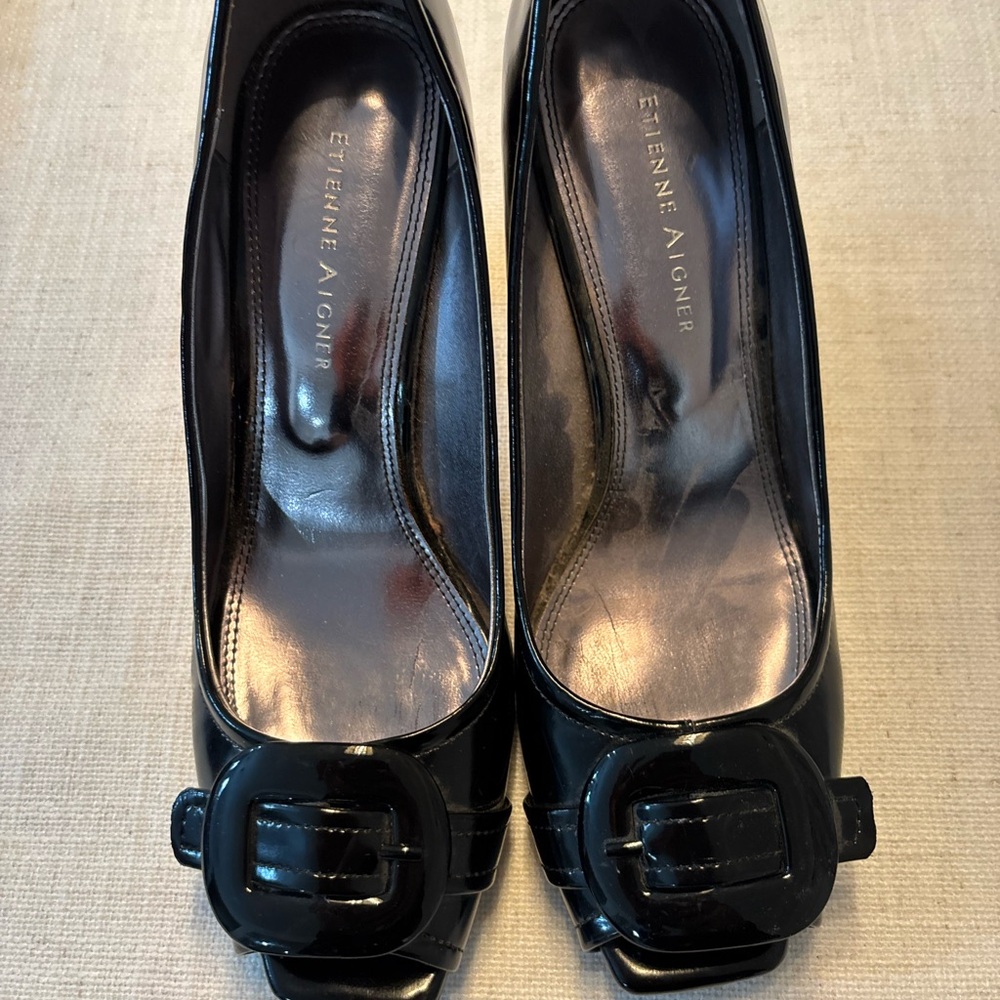 Etienne Aigner Women Black Glossy Open Toe Heel Shoes 7.5M